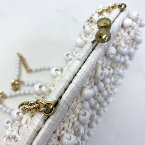 Vintage 60s Ritter White Raffia Plastic Beaded Purse Handbag Mod Hippie Wedding - Picture 9 of 15